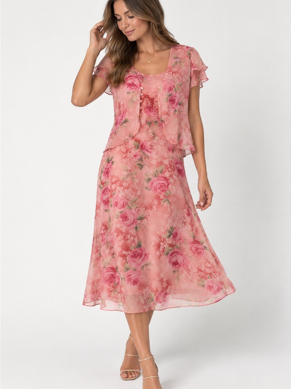 White Stag Pink Rose Floral Midi Dress + Sheer Cardigan Set Size 10 Y2K Romantic